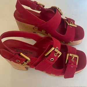 Charlotte Stone Red Heeled Sandals with Gold Buckles